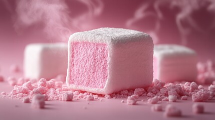 Single marshmallow on a pastel pink surface with amplified details, soft and smooth texture