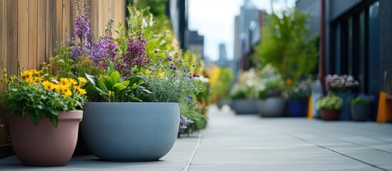 Urban floral arrangement with vibrant plants and flowers in planters featuring ample empty space for text and branding elements.