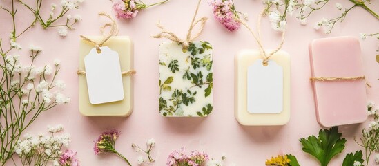 Pastel soaps adorned with floral patterns and blank tags on a pink background creating a serene atmosphere for branding and text.
