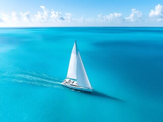 One single boat traveling into teal and blue great ocean waters under clean blue sky, white boat sailing through the tides