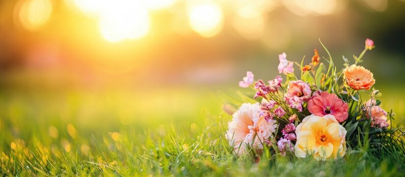 Sunset floral wedding bouquet on grass with soft light and empty space for text perfect for invitations or romantic themes