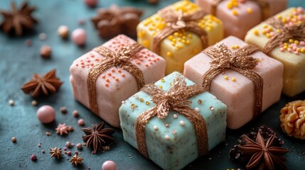 Colorful pastel gift-wrapped chocolates on dark background.