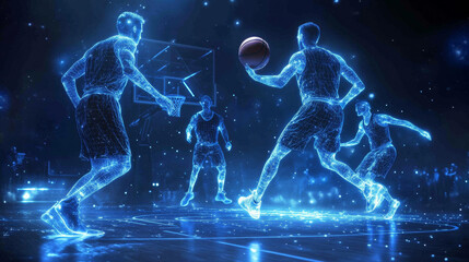 Hologram basketball. Holographic projection basketball player. Flickering energy flux of particles. The scientific design of basketball