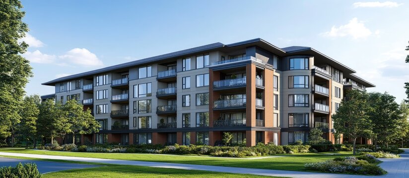 Modern apartment building faÃ§ade under clear blue sky with ample green space ideal for promotional text or advertising banners.