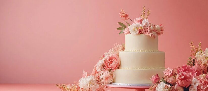 Elegant quinceanera cake adorned with floral accents surrounded by vibrant decor perfect for celebrations and events. - Powered by Adobe