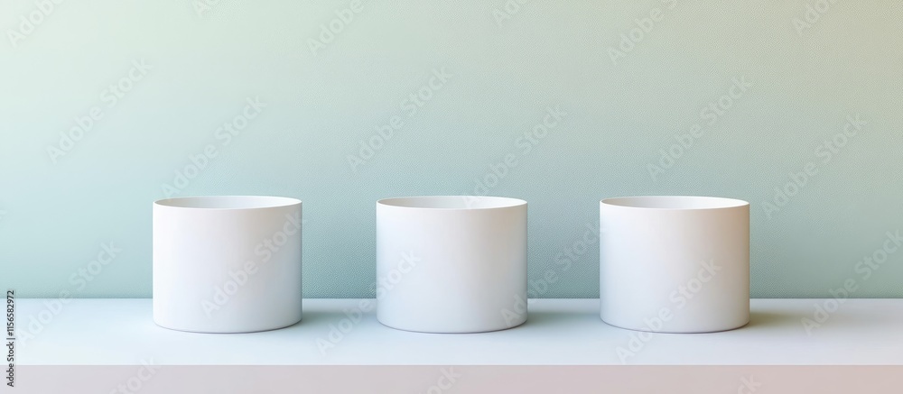 Poster minimalist display of three empty containers on a clean surface with soft background for product pre