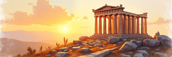 A panoramic wallpaper of an ancient Greek temple at sunset, painted in a classic oil painting style with rich golden hues and intricate stone textures.

