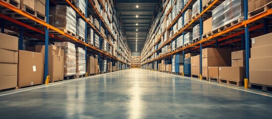 Comprehensive warehouse management showcasing organized shelves and ample space for text on supply chain optimization and data tracking