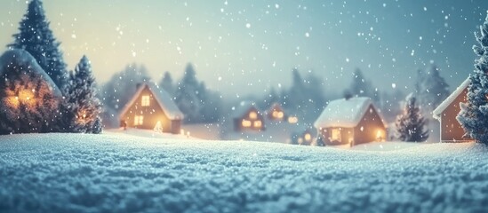 Serene Snowy Village at Christmas Night Featuring Glowing Homes and Soft Falling Snow with Space for Text Overlay