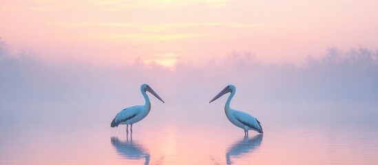Fototapeta premium Serene Sunrise Encounter of a Pelican and Stork on Misty Lake with Tranquil Reflections and Perfect Space for Text Addition