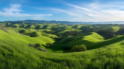 Obraz premium Green hills under cloudy blue sky with crowd trees and forest, wide landscape of nature and life