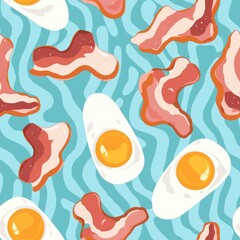Fototapeta premium A playful pattern featuring fried eggs and bacon on a blue wavy background.