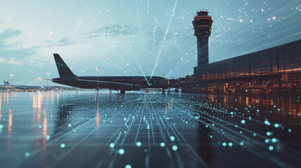 Digital vector luggage at airport, airplane and control tower in background. Boarding a plane, air travel concept. Abstract low poly dark blue wireframe consisting of stars, dots, stars and particles