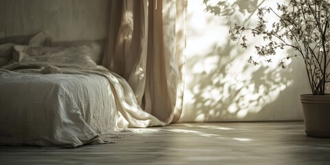 Tranquil bedroom interior with natural light and soft decor highlighting empty space for personalized text or design elements