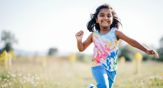 Joyful indian child running outdoors on a sunny day in vibrant nature setting