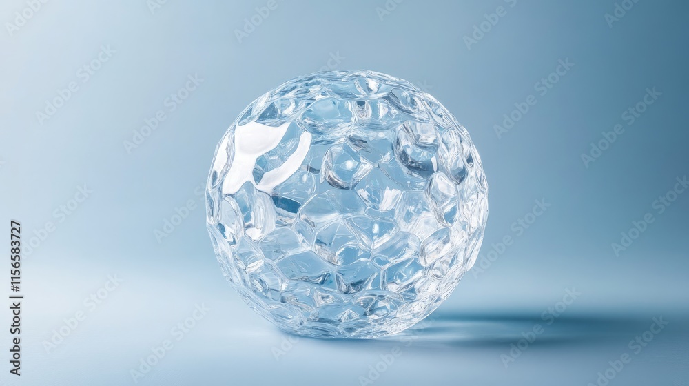 Poster crystal ice sphere on soft blue background with ample space for text or graphics usage