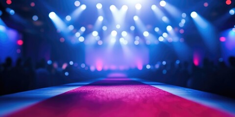 Elegant award ceremony atmosphere with blurred lights and audience showcasing red carpet and empty space for promotional text