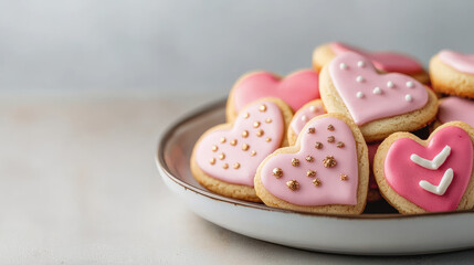 Fototapeta premium Delicious heart shaped cookies decorated with pink icing and white accents, perfect for celebrations or gifts. These treats bring joy and sweetness to any occasion