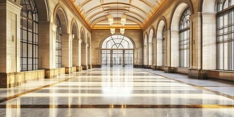 Obraz premium Elegant Railway Station Arrival and Departure Hall with Glossy Marble Floor and Luxurious Ambiance Featuring Ample Copy Space for Text