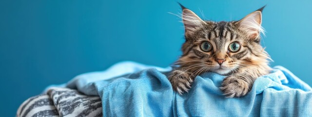 Gray long haired cat resting on blue clothing with Bengal kitten playing on fabric creating a cozy indoor atmosphere for pet lovers