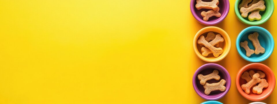 Colorful bowls of dog bones on yellow background with empty space for customizable text suitable for pet-related advertising or promotions - Powered by Adobe