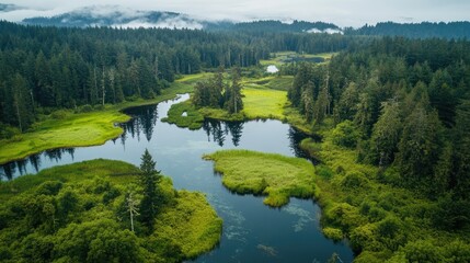 Obraz premium Serene delta wetlands surrounded by lush forests and tranquil waters with ample copy space for text and design purposes