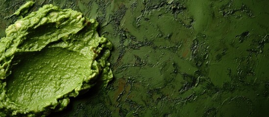 Freshly made guacamole with vibrant green texture and empty space for promotional text on a dark background