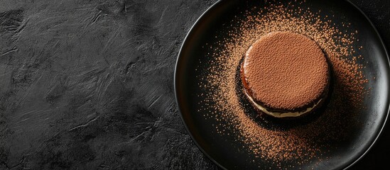 Decadent chocolate tiramisu cake elegantly presented on a black plate with cocoa dust and negative space for design elements