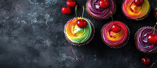 Colorful cupcakes with rainbow frosting and cherries on a dark background ideal for dessert promotion or bakery advertisement.