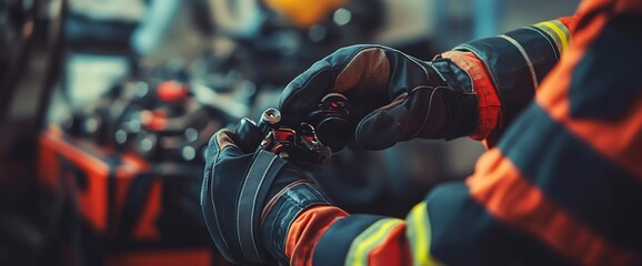 A close-up of a firefighter adjusting equipment in a workshop setting.