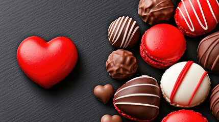 Obraz premium romantic dessert display featuring red macarons and cho te treats, perfect for Valentine Day celebrations. heart shaped macarons add sweet touch to arrangement