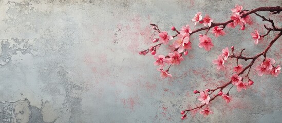 Fototapeta premium Serene Cherry Blossom Branch on Textured Background with Space for Custom Text and Eroded Symbols