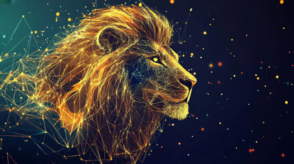 Naklejka premium Hologram Leo zodiac sign. Leo is a zodiac sign made up of polygons, triangles, points, and lines. Leo zodiac sign low poly compound structure. The technology concept.