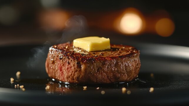 Sizzling steak on black plate with melting butter and steam showcasing culinary excellence perfect for gourmet dining promotions