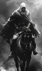 Fototapeta premium Hooded Warrior on Horseback Riding into Battle