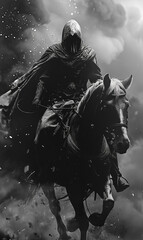Naklejka premium Hooded Warrior on Horseback Riding into Battle