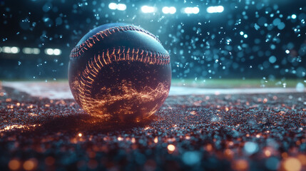 Hologram baseball. A holographic projection of the baseball field. Flickering energy flux of particles. Scientific sports design.
