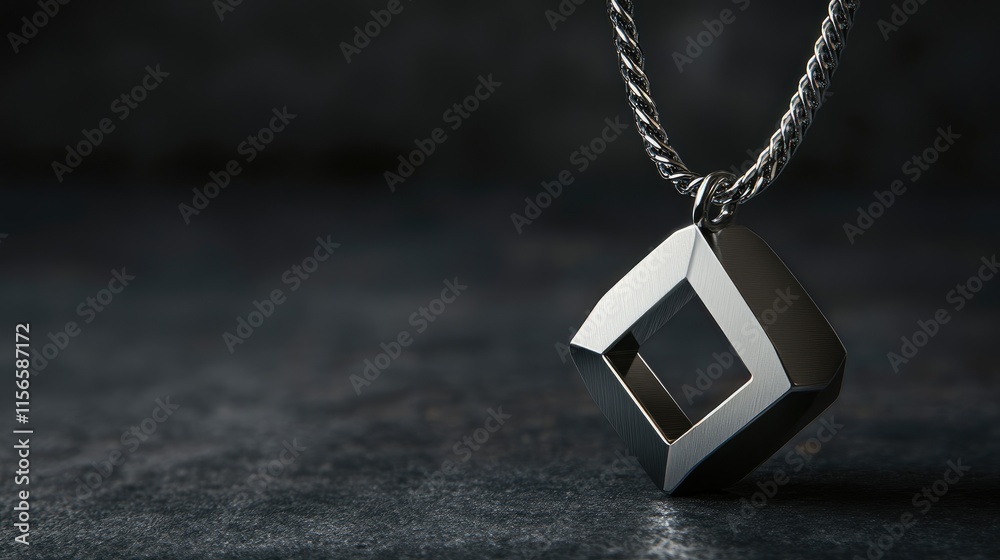 Poster cubic shaped silver pendant with twisted loop on dark background with empty space for custom text or