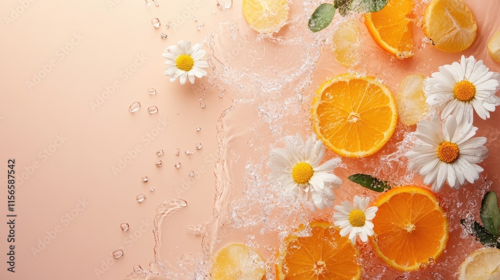 Poster fresh citrus and floral water splashes creating a vibrant background with empty space for text or gr