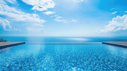 Tranquil infinity pool with crystal clear blue water reflecting a bright sunny sky and serene ocean view providing ample text space