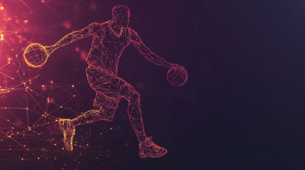Fototapeta premium Basketball player consists of points, lines and triangles. The polygon shape in the form of a silhouette of a basketball player on a dark background. Vector illustration.