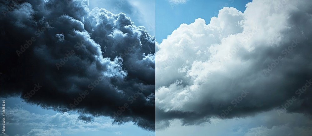 Poster contrast of dark storm clouds against a serene blue sky creating a dynamic visual of weather extreme