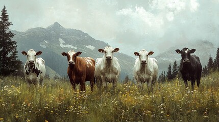 Obraz premium Four Cows in an Alpine Meadow