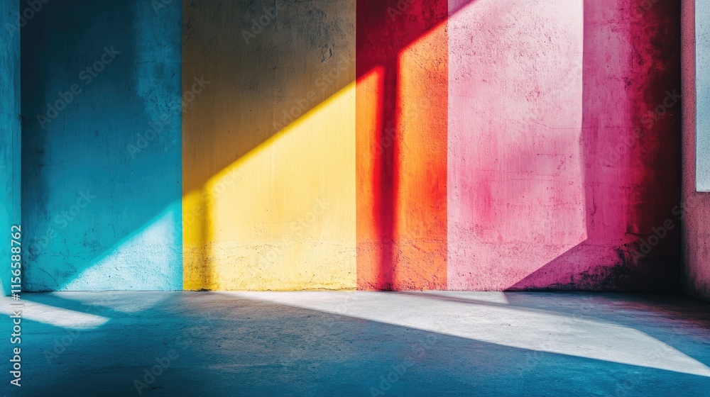 Poster vibrant colorful walls with dynamic shadows and empty space for text placement in modern interior de