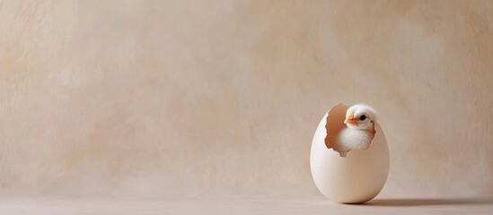 Newly hatched chick breaking free from egg on soft neutral backdrop representing new beginnings with ample copy space for text or design