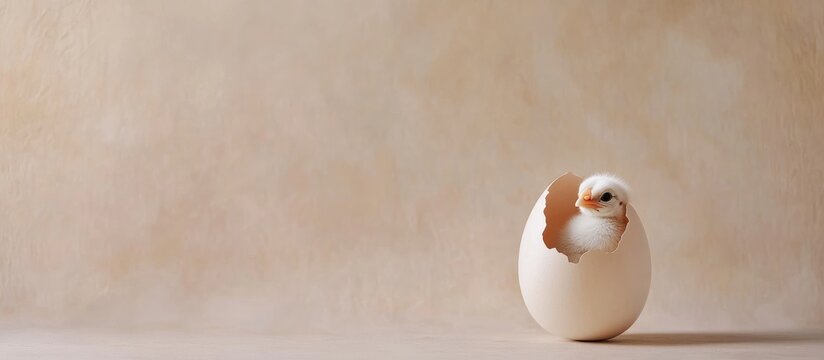 Newly hatched chick breaking free from egg on soft neutral backdrop representing new beginnings with ample copy space for text or design