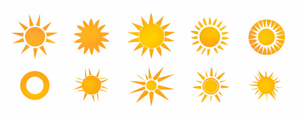 Sunshine Icons, Diverse Sun Designs for Summer, Bright,  Warm,  Cheerful Symbols Radiate Joyfully.