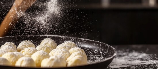 Homemade Buchty sweet dessert preparation with flour clouds in kitchen setting Perfect for food blogs and culinary publications