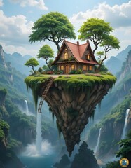 House on a Floating Island with Waterfall