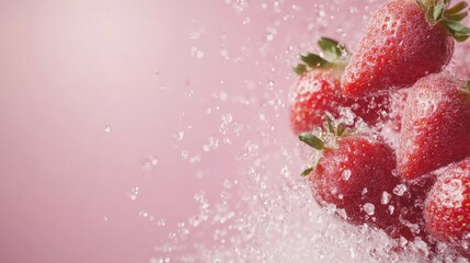 Fresh sparkling strawberries with water droplets on a soft pink background highlighting a vibrant composition with space for text.